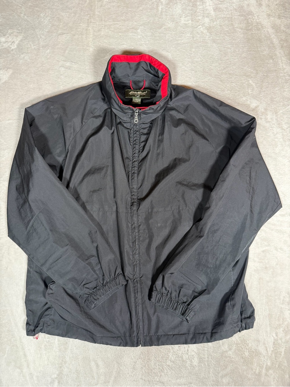 Eddie Bauer Black Windbreaker Jacket with Red Collar Trim